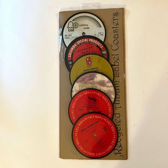 Recycled Album Label Coasters Set of 6 *NEW* - Picture 1 of 6